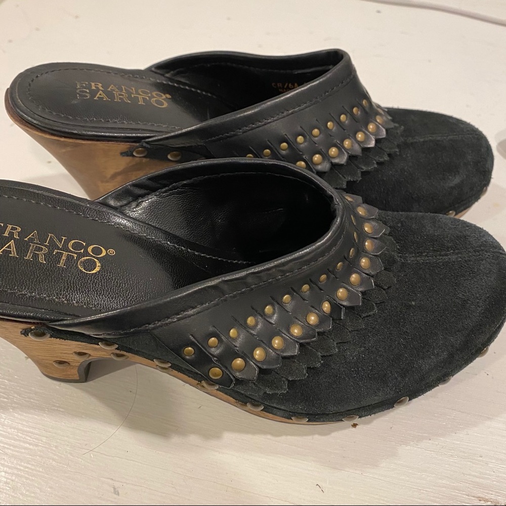 EUC Franco Sarto Black Suede Fringe & Studded Clogs